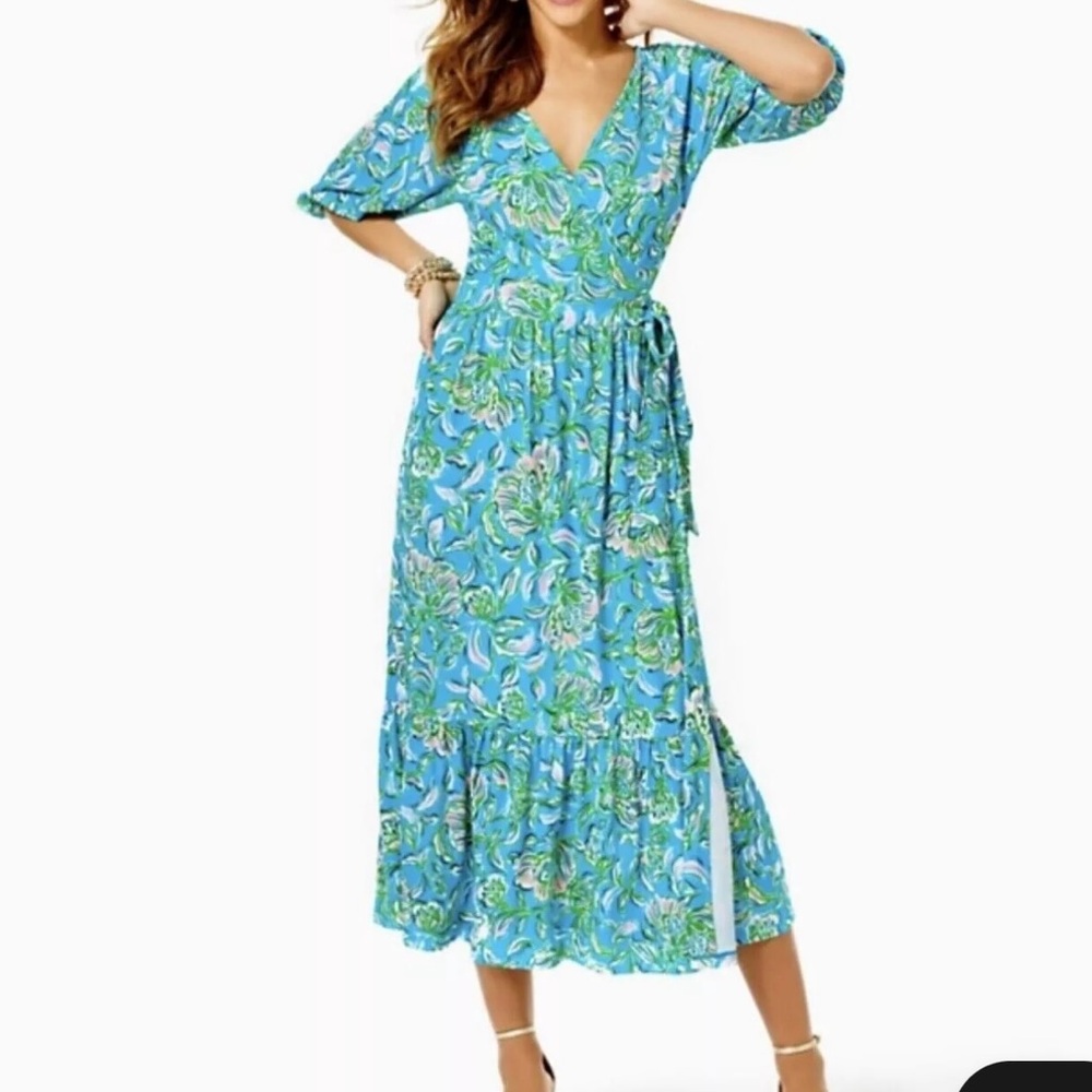 Lilly Pulitzer Xs Chick Magnet BRANTLEY MIDI WRAP DRESS Jersey Fit Flare